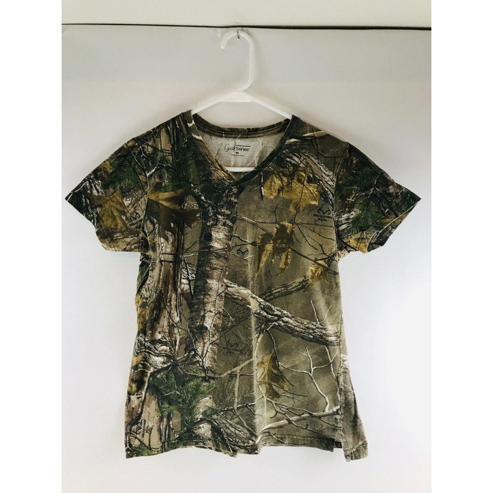 Guide Series T-Shirt Women's Size M Short Slv Camo Real tree Hunting Top V-neck
